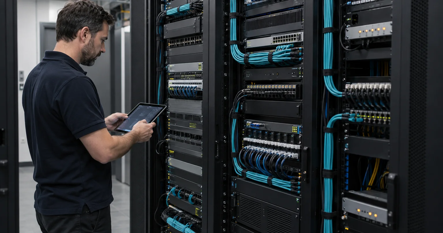 Concept visualisation of an engineer commissioning a professionally cabled AV-over-IP rack room