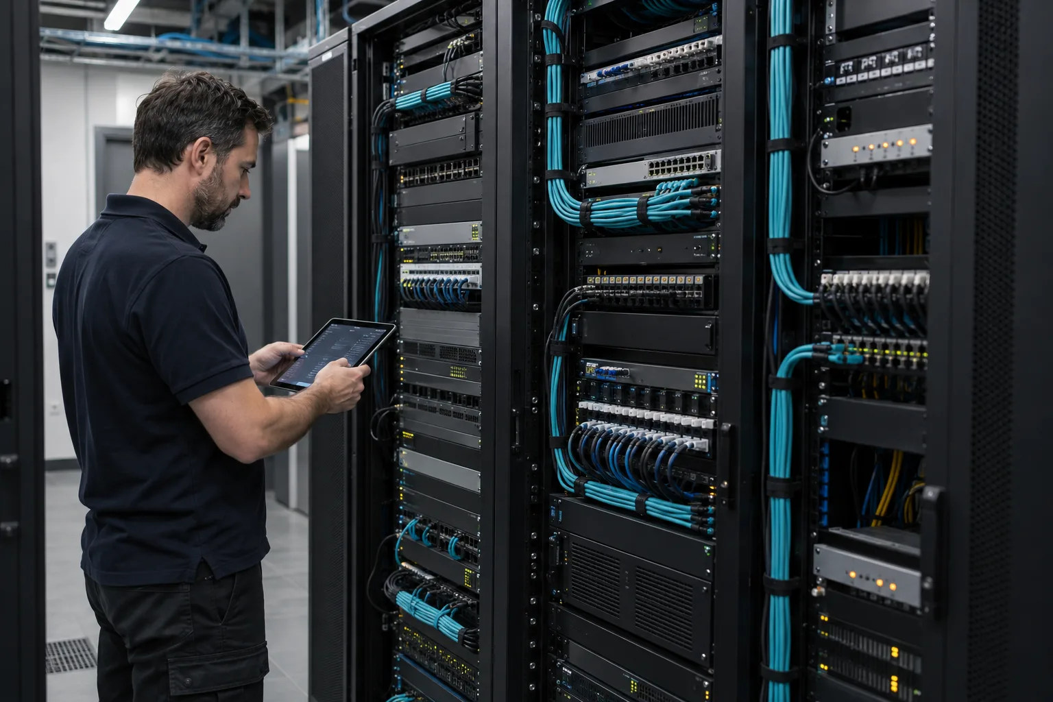 Concept visualisation of an engineer commissioning a professionally cabled AV-over-IP rack room