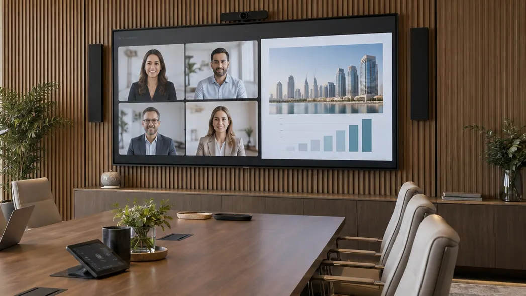Illustrative visualisation of a meeting room with a video conferencing display, not the project site