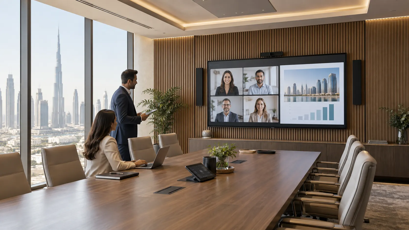 Concept visualisation of a Dubai executive boardroom with integrated hybrid meeting technology
