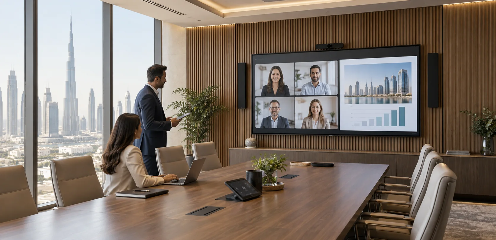 Concept visualisation of a Dubai executive boardroom with integrated hybrid meeting technology