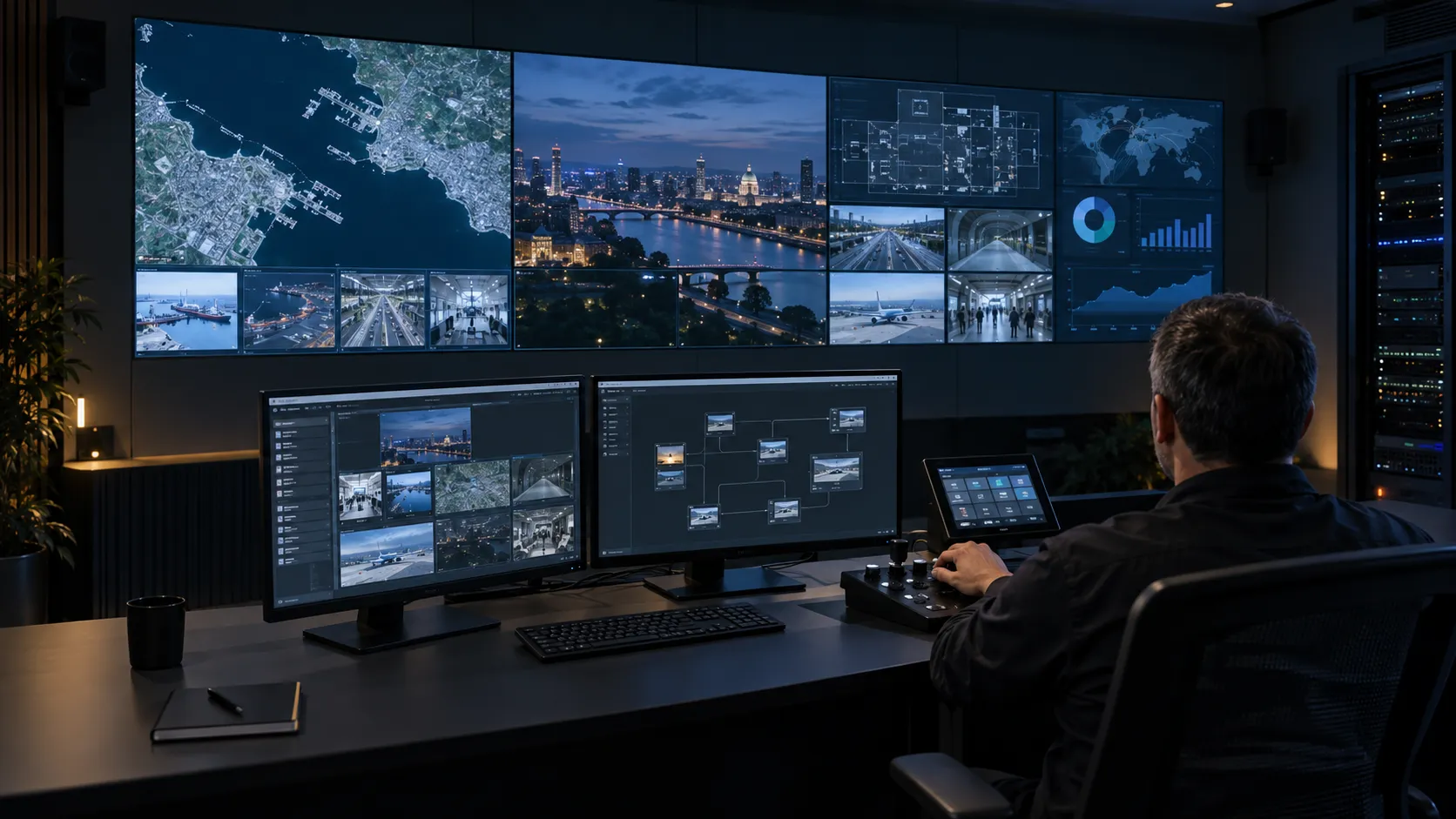 Concept visualisation of an operator arranging sources and layouts across a multi-window video wall