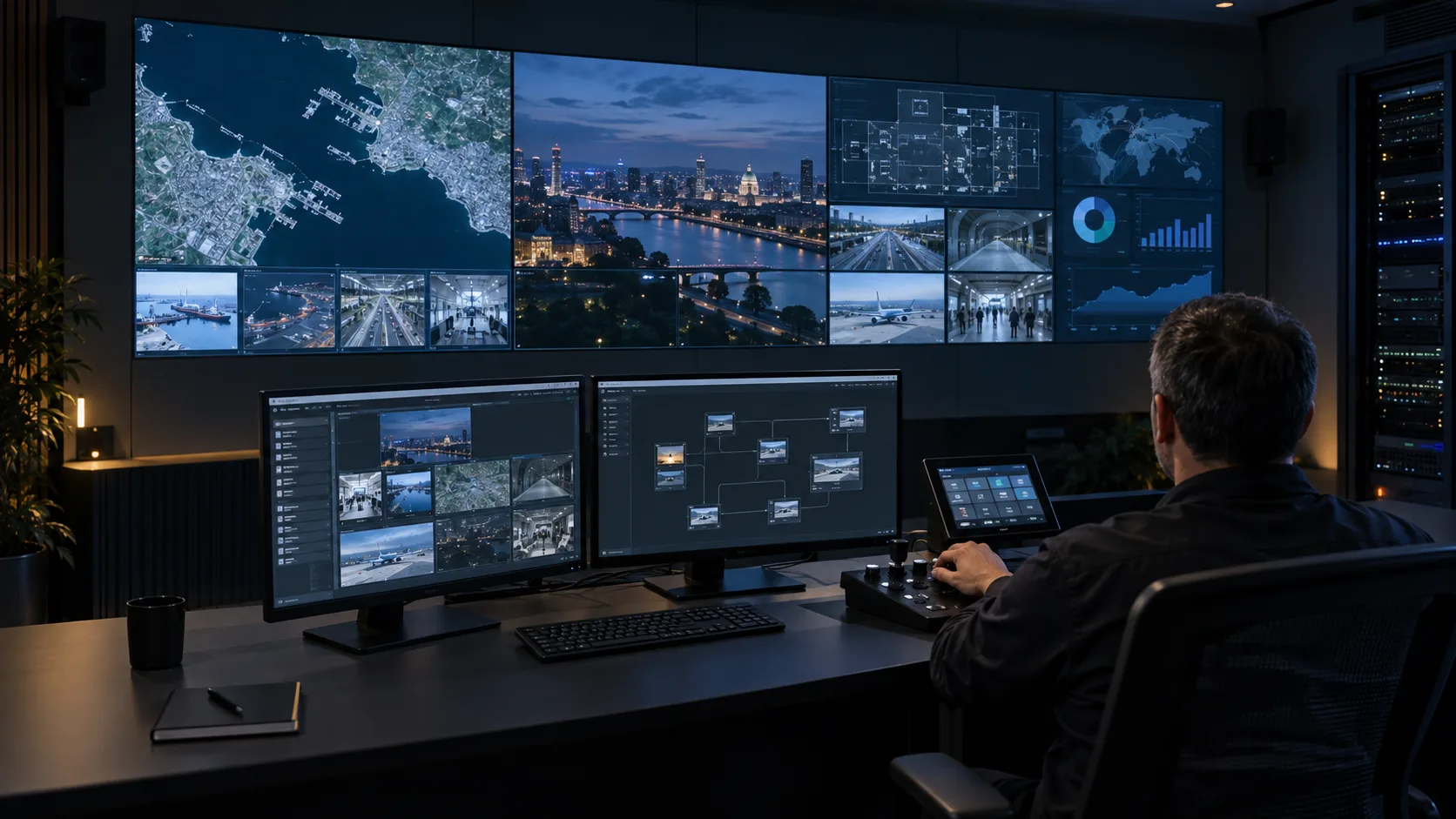 Illustrative visualisation of an operator desk facing a video wall of maps and camera views, not the project site