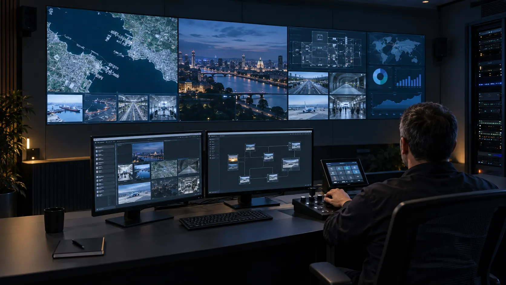 Illustrative visualisation of an operator in front of a multi-window video wall, not the project site