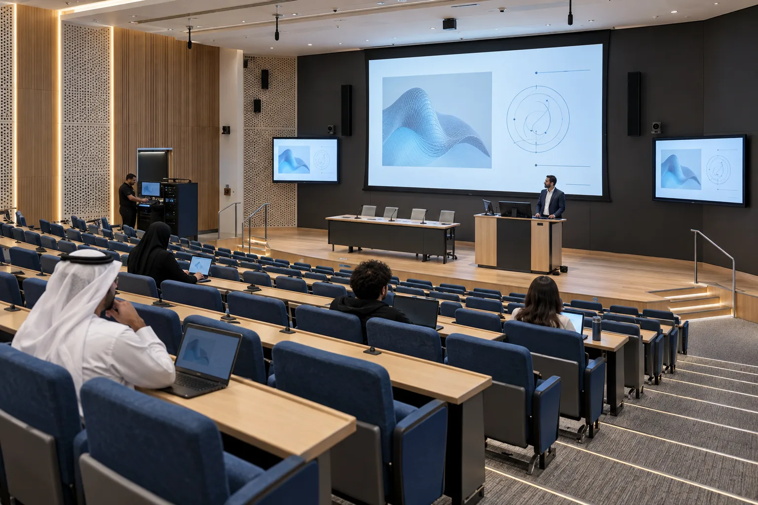 Concept visualisation of a multi-purpose hall with a stage and presentation screen