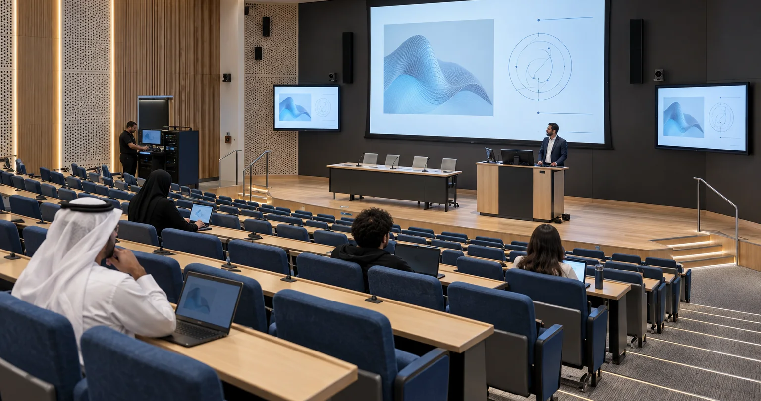 Concept visualisation of a multi-purpose hall with a stage and presentation screen