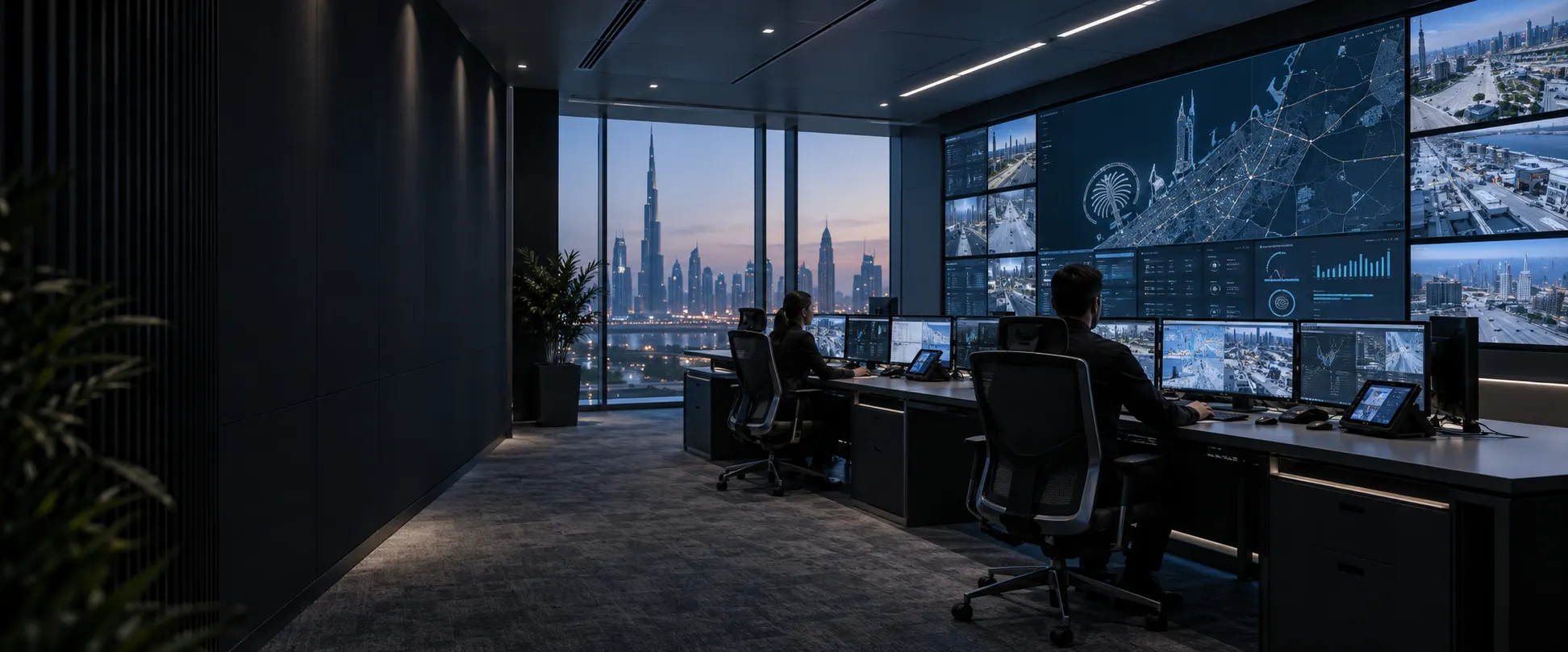 Concept visualisation of a modern Dubai control room with operator desks and a large video wall