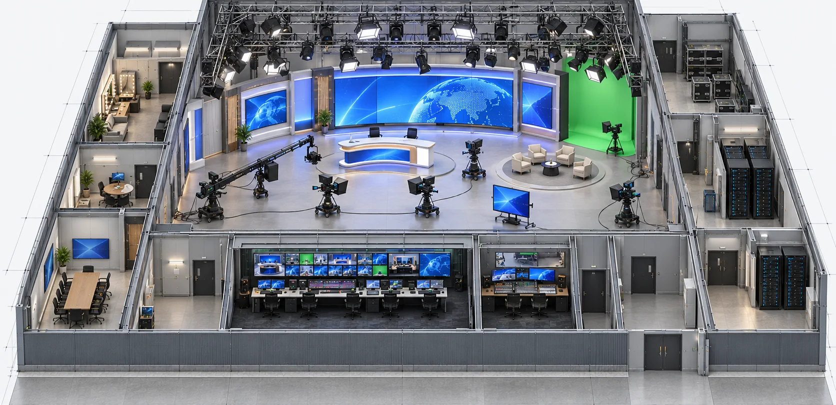 Concept visualisation of a TV studio with LED surfaces and cameras