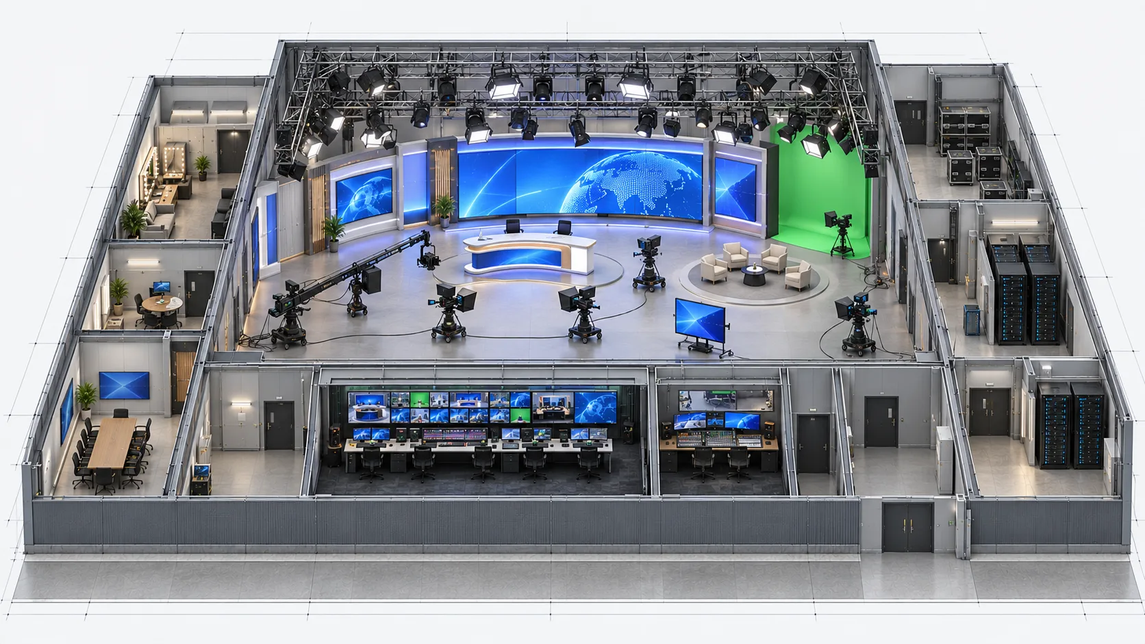 Concept visualisation of a TV studio with LED surfaces and cameras