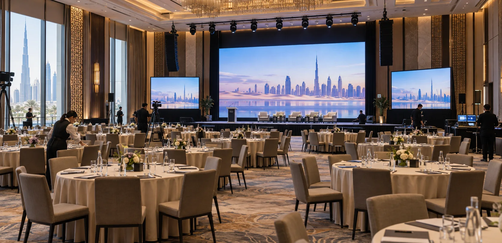 Concept visualisation of a Dubai hotel ballroom prepared with conference audiovisual systems