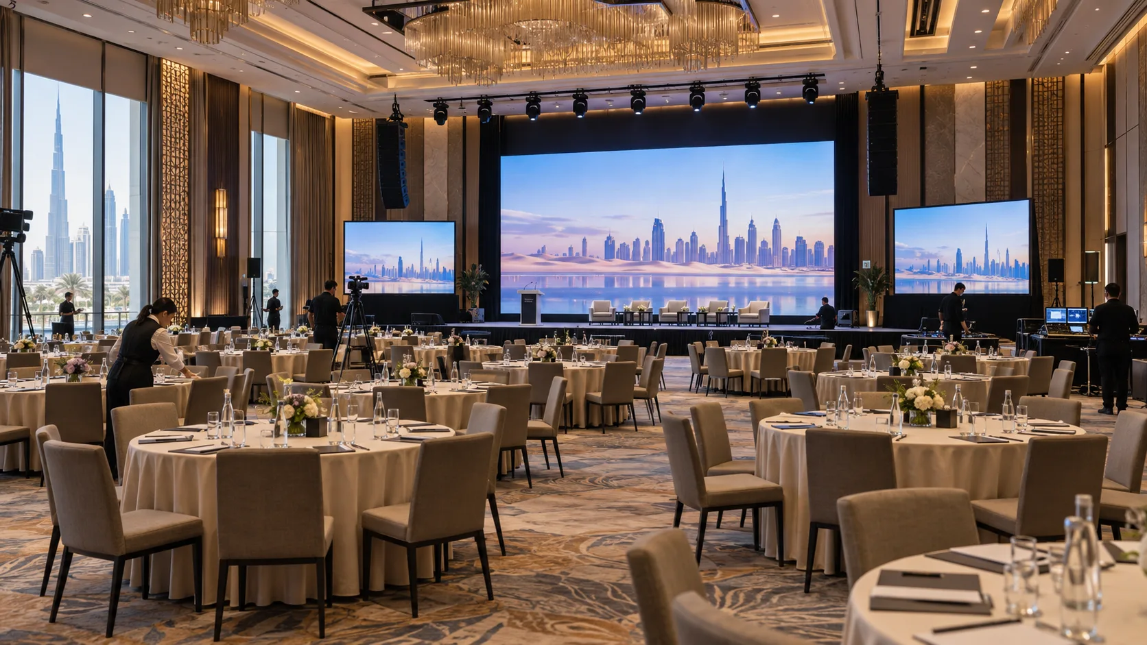 Concept visualisation of a Dubai hotel ballroom prepared with conference audiovisual systems