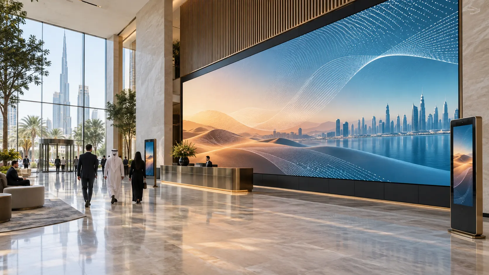 Concept visualisation of a fine-pitch LED wall integrated into a contemporary Dubai lobby