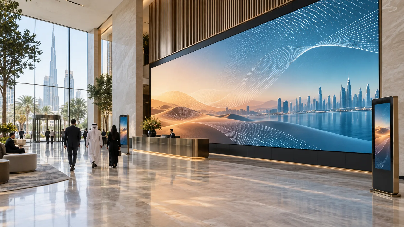 Concept visualisation of a fine-pitch LED wall integrated into a contemporary Dubai lobby