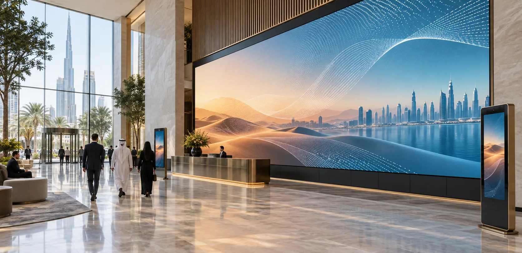 Concept visualisation of a fine-pitch LED wall integrated into a contemporary Dubai lobby